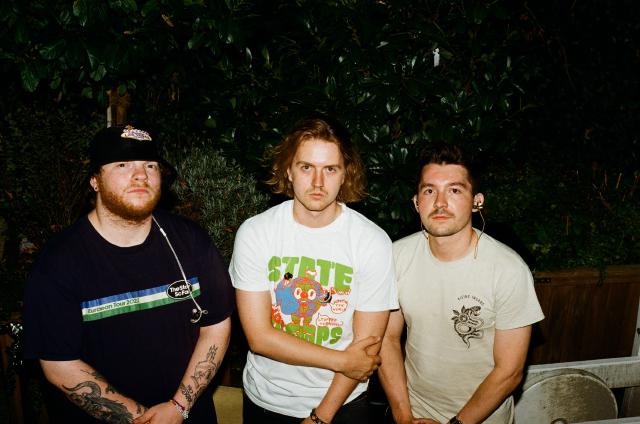 Drei junge Männer stehen nebeneinander vor grünen Büschen und schauen ernst in die Kamera