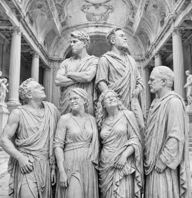 Das Bild zeigt die Bandmitglieder verfremdet als Statuen griechischer Götter in einer pantheonähnlichen Halle